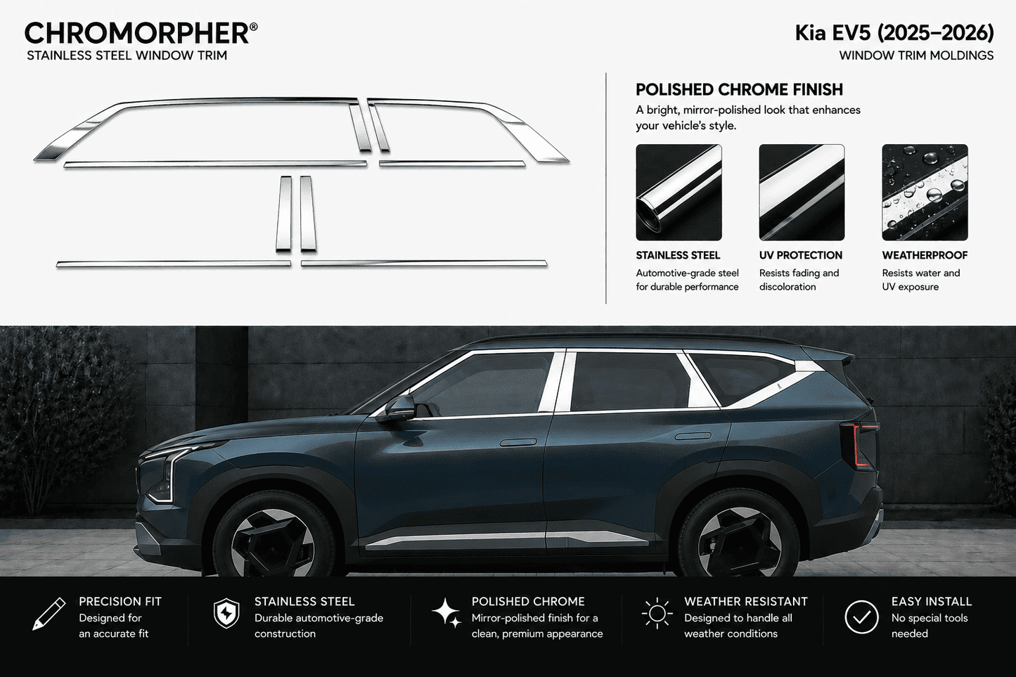 Kia EV5 (2025–2026) Stainless Steel Window Trim Moldings