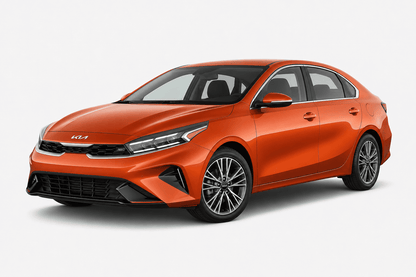 An orange Kia sedan photographed at a three-quarter front angle on a clean light gray studio background.