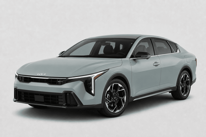 A light gray Kia sedan shown at a three-quarter front angle on a clean, light gray studio background.
