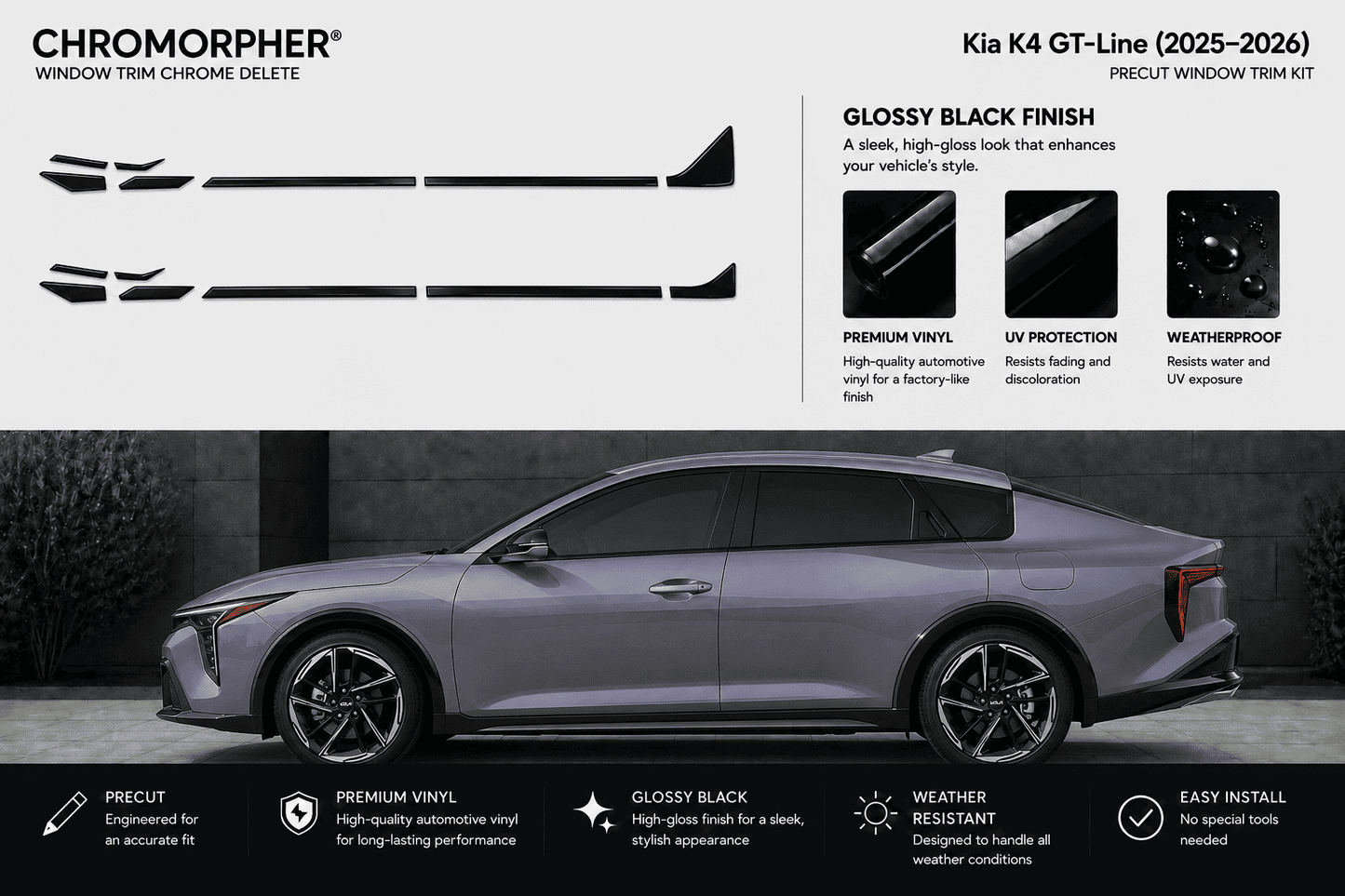 Chromorpher Kia K4 GT-Line window trim chrome delete kit in glossy black finish, shown with product callouts, material benefits, and a large installed view on a gray sedan.