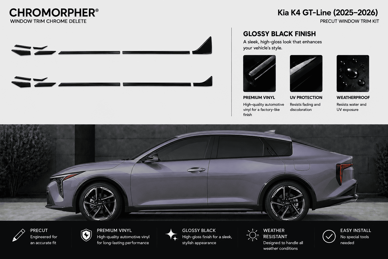Chromorpher Kia K4 GT-Line window trim chrome delete kit in glossy black finish, shown with product callouts, material benefits, and a large installed view on a gray sedan.