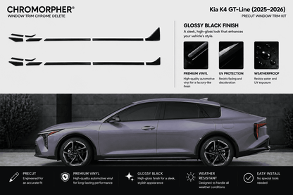 Chromorpher Kia K4 GT-Line window trim chrome delete kit in glossy black finish, shown with product callouts, material benefits, and a large installed view on a gray sedan.