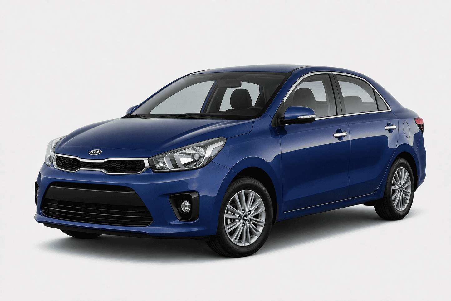 A blue Kia sedan photographed at a three-quarter front angle on a clean light gray studio background.
