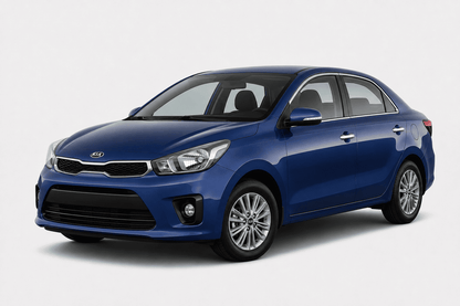 A blue Kia sedan photographed at a three-quarter front angle on a clean light gray studio background.