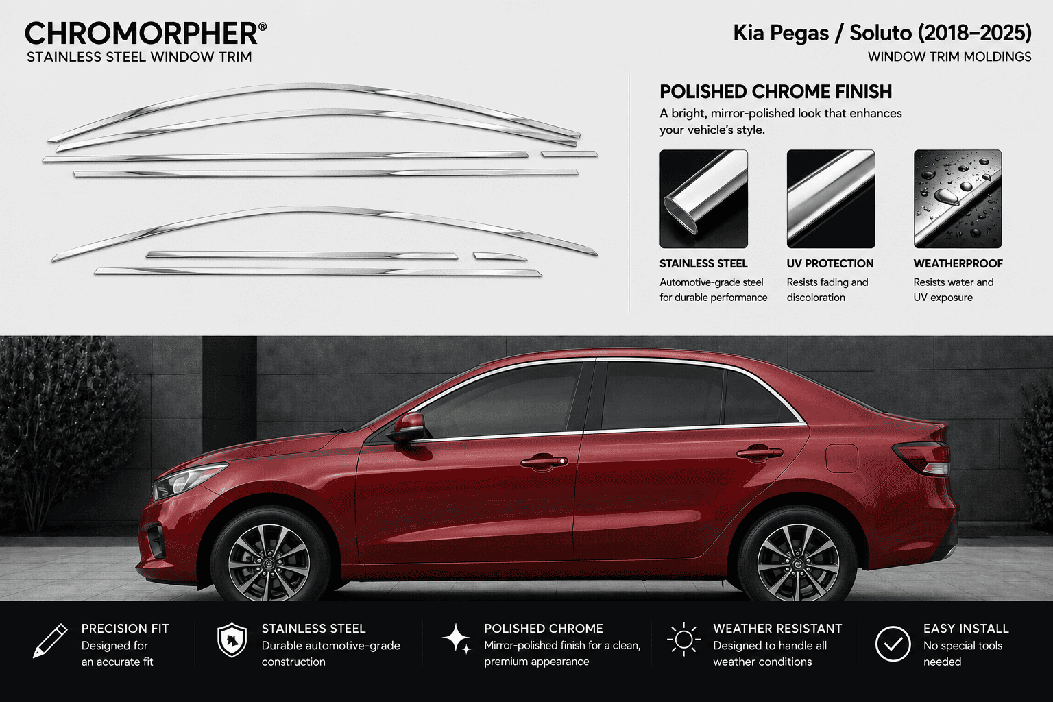Promotional graphic for Chromorphor stainless steel window trim designed for Kia Pegas / Soluto (2018-2025). The top half shows three chrome window trim pieces on a light gray background with product features.