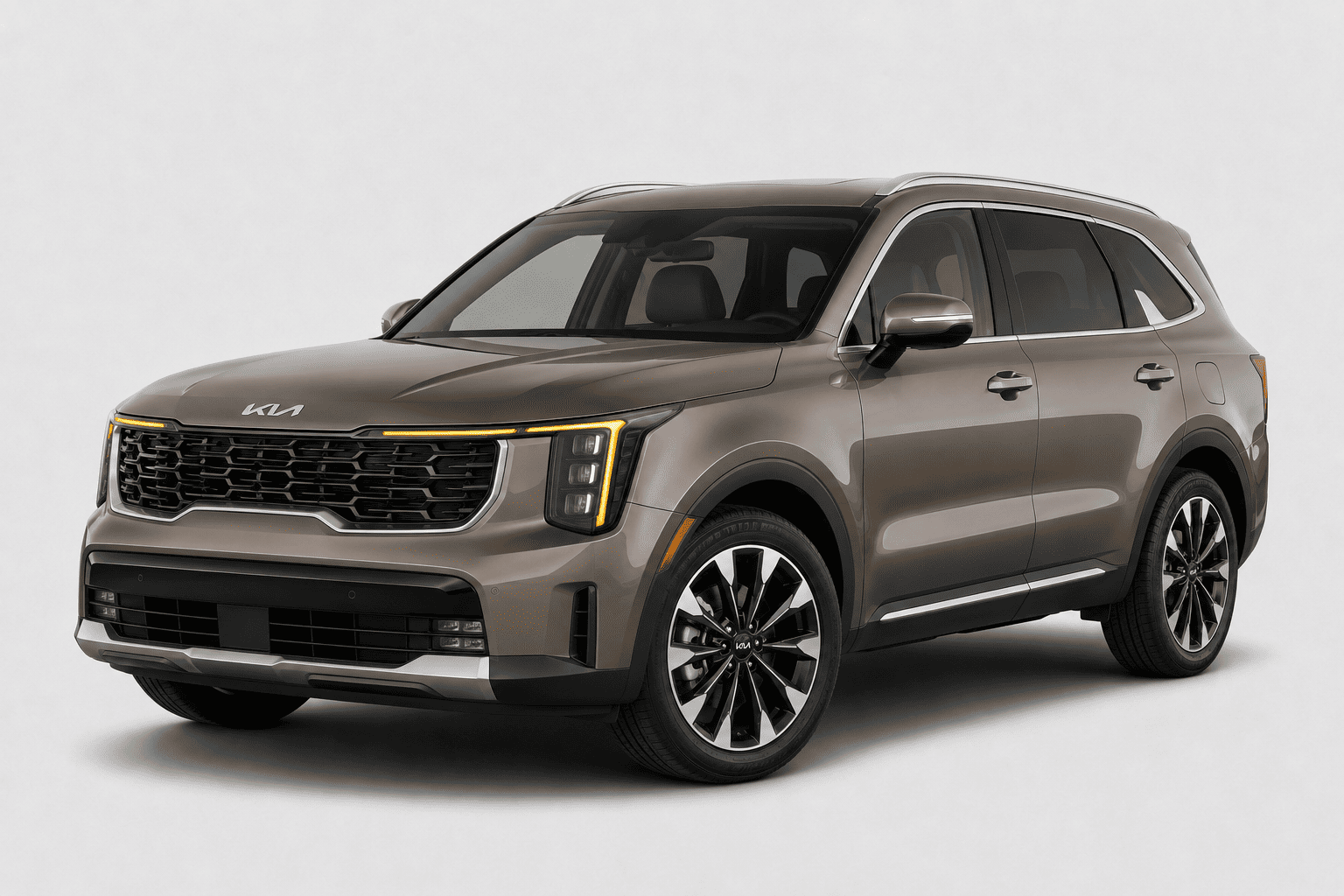 Kia Sorento SUV in metallic gray with chrome window trim, roof rails, and side accents, shown from a front three-quarter angle on a light background.