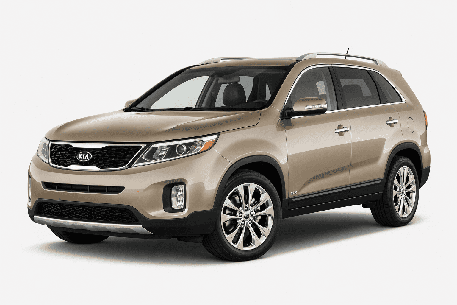A beige Kia Sorent SUV photographed at a three-quarter front angle on a clean, light gray studio background.