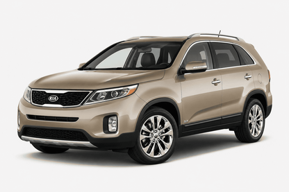 A beige Kia Sorent SUV photographed at a three-quarter front angle on a clean, light gray studio background.