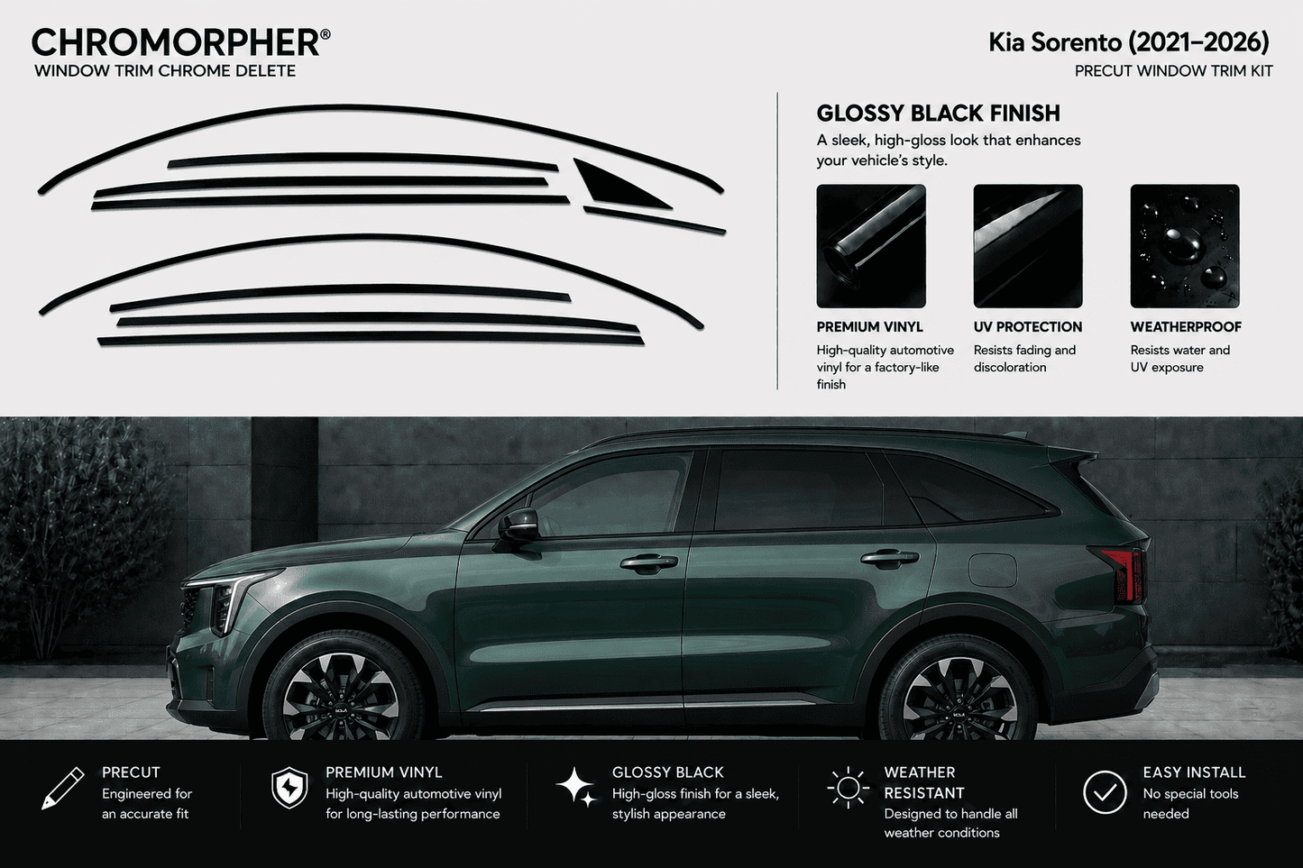 Kia Sorento (2021–2026) precut window trim chrome delete kit in glossy black, showing precision-cut vinyl pieces, premium vinyl features, UV and weather protection, and a Kia Sorento with blacked-out window trim.