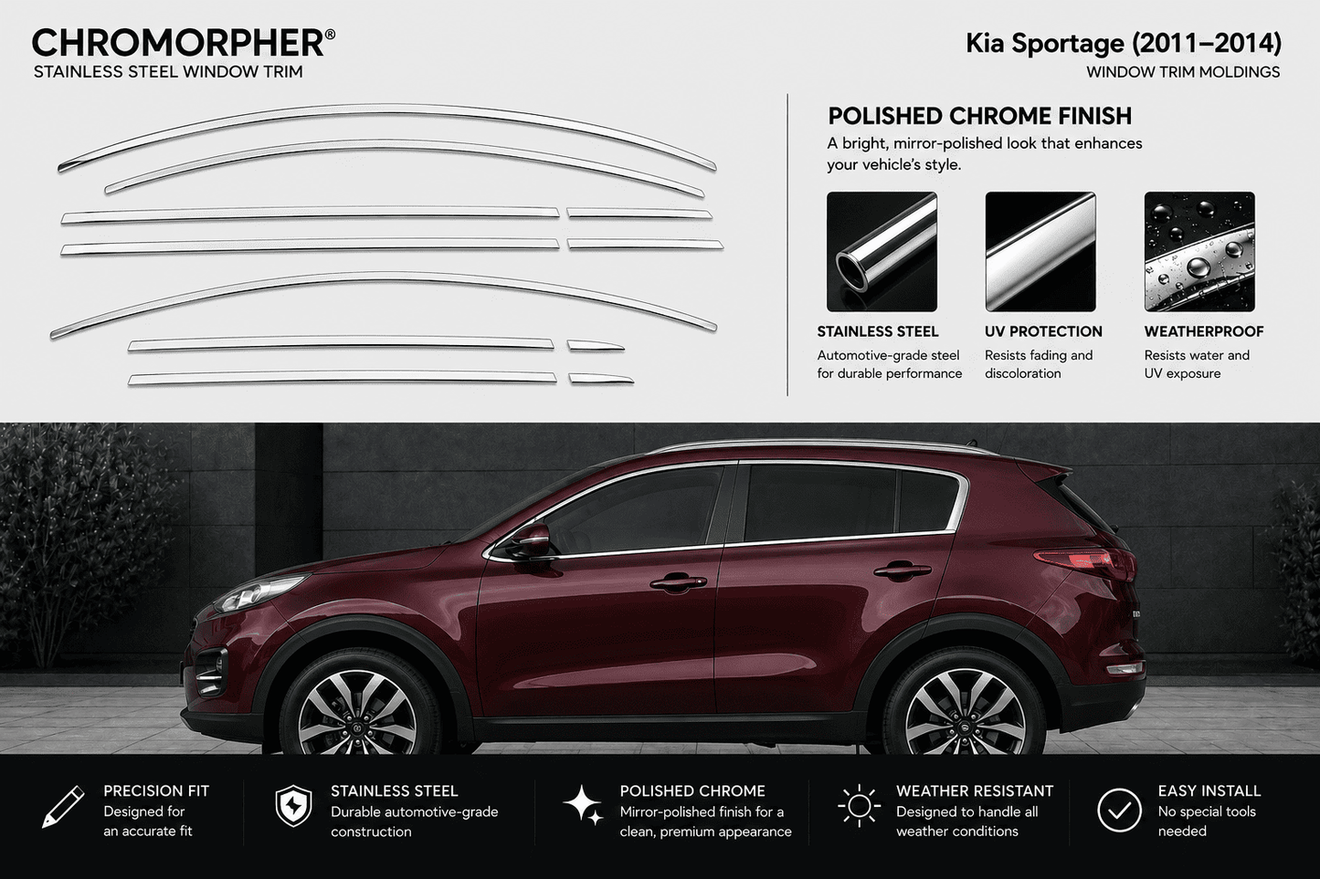 Kia Sportage (2011–2014) Stainless Steel Window Trim Moldings
