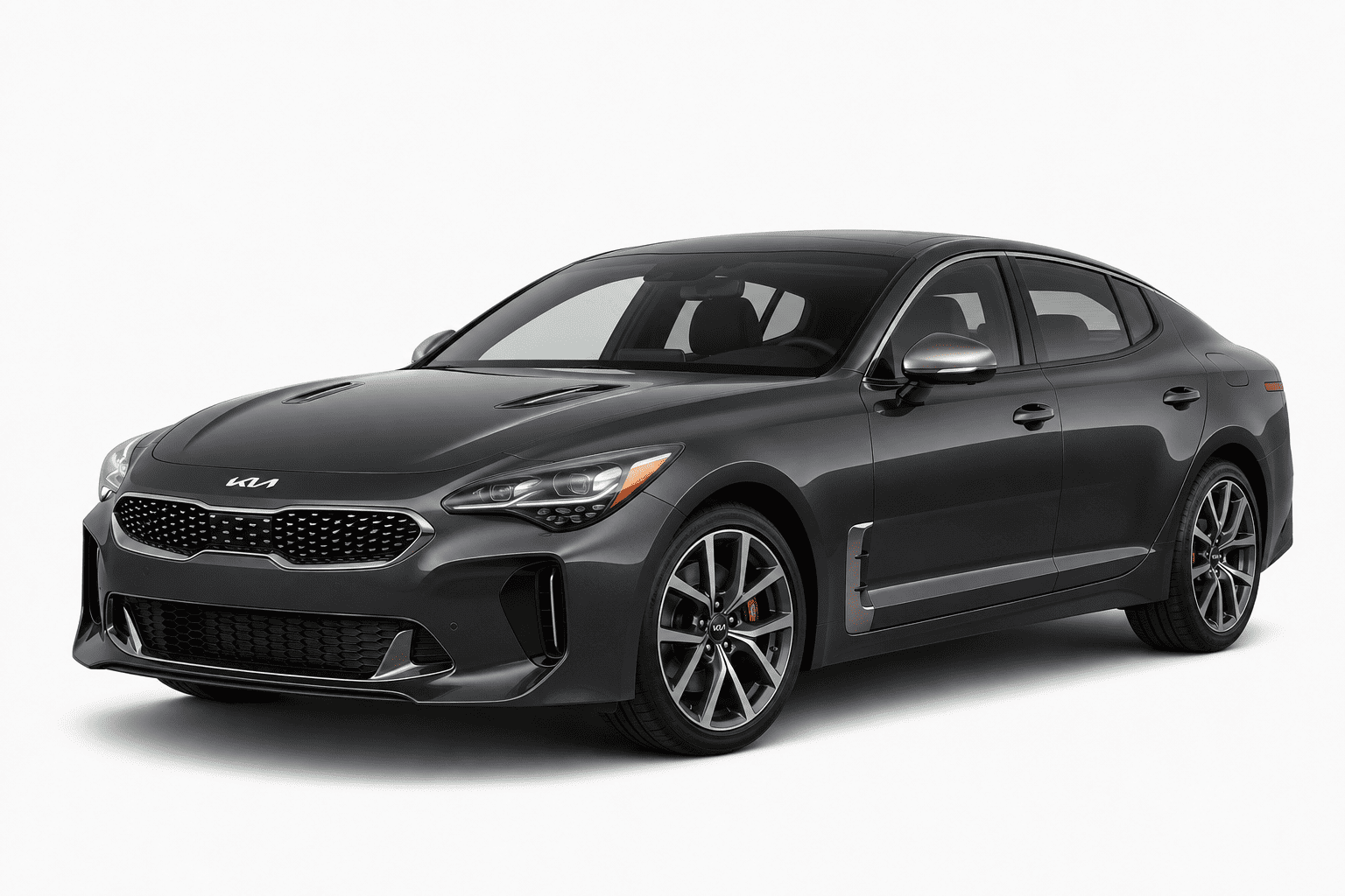 A dark gray Kia Stinger sedan shown from a three-quarter front angle on a clean, light gray studio background.