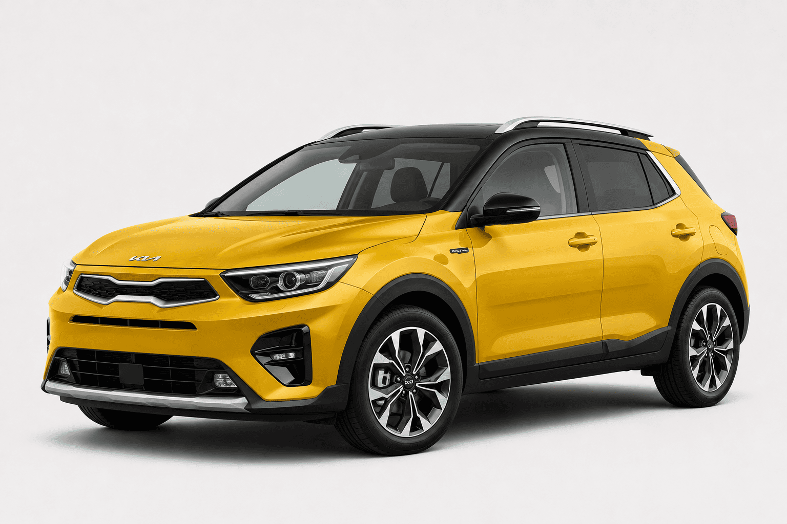 yellow kia stonic standing in white background.