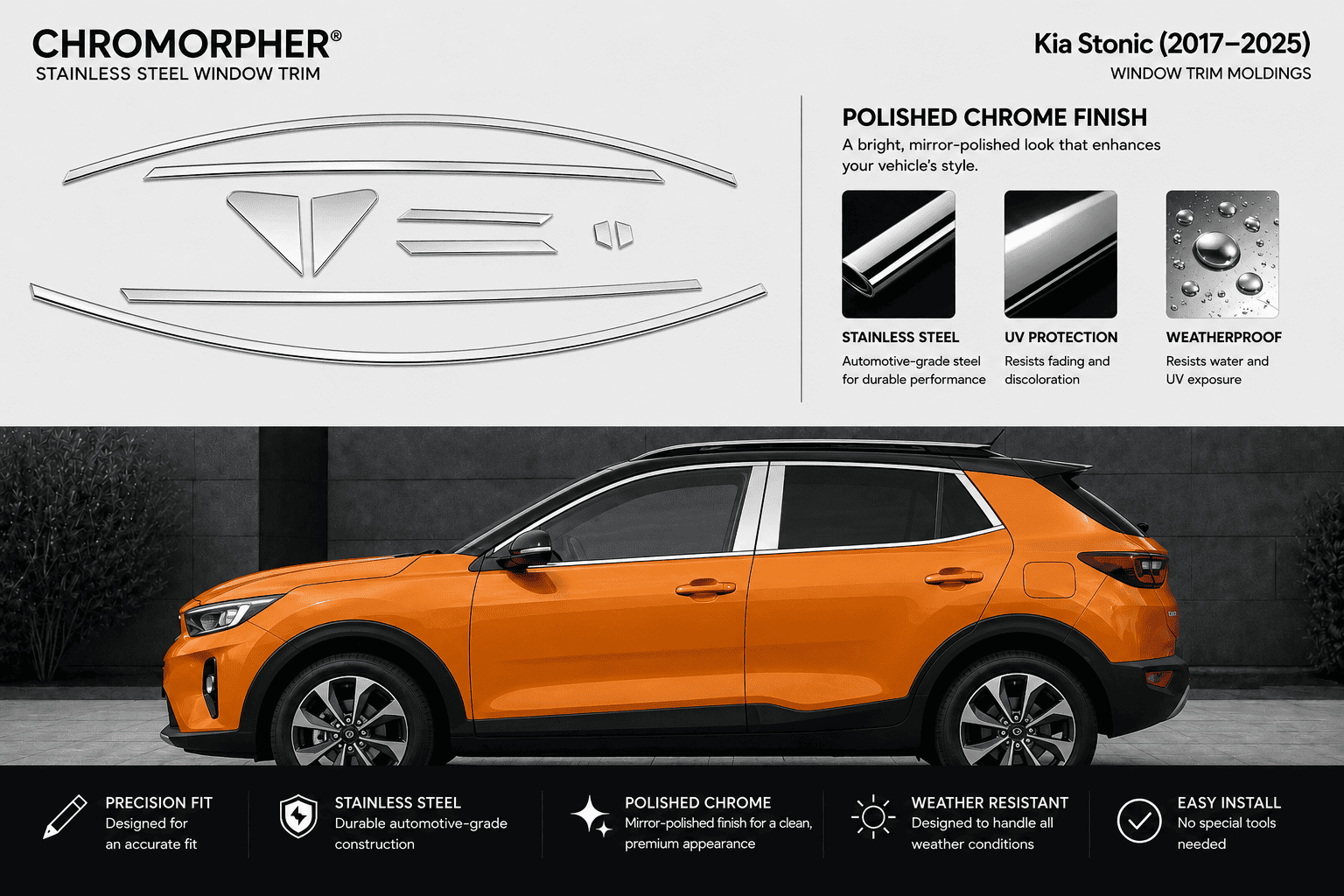 Promotional graphic for Chromorpher stainless steel window trim, showing a chrome-finished emblem design above an orange Kia Stonic vehicle with installed window trim visible along the side.