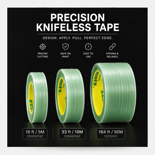Three rolls of green precision knifeless tape with yellow inner cores displayed on a black background, with text showing lengths 16 ft/5M, 33 ft/10M, and 164 ft/50M.