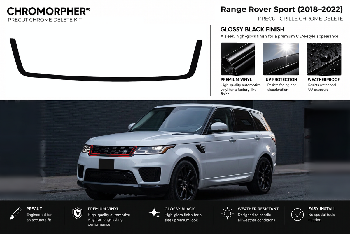 ChroMorpher Land Rover Range Rover Sport grille precut chrome delete kit (2018–2022) showing the precut vinyl pieces and the trim area outlined in red.