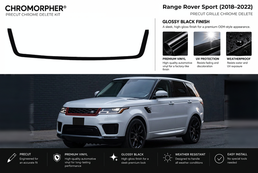 ChroMorpher Land Rover Range Rover Sport grille precut chrome delete kit (2018–2022) showing the precut vinyl pieces and the trim area outlined in red.