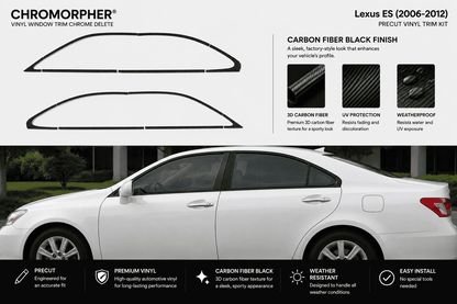 Chromorpher Lexus ES vinyl window trim kit in carbon fiber black finish, shown with two black trim pieces on a white background and a white Lexus ES car below demonstrating the fit.