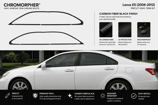 Chromorpher Lexus ES vinyl window trim kit in carbon fiber black finish, shown with two black trim pieces on a white background and a white Lexus ES car below demonstrating the fit.
