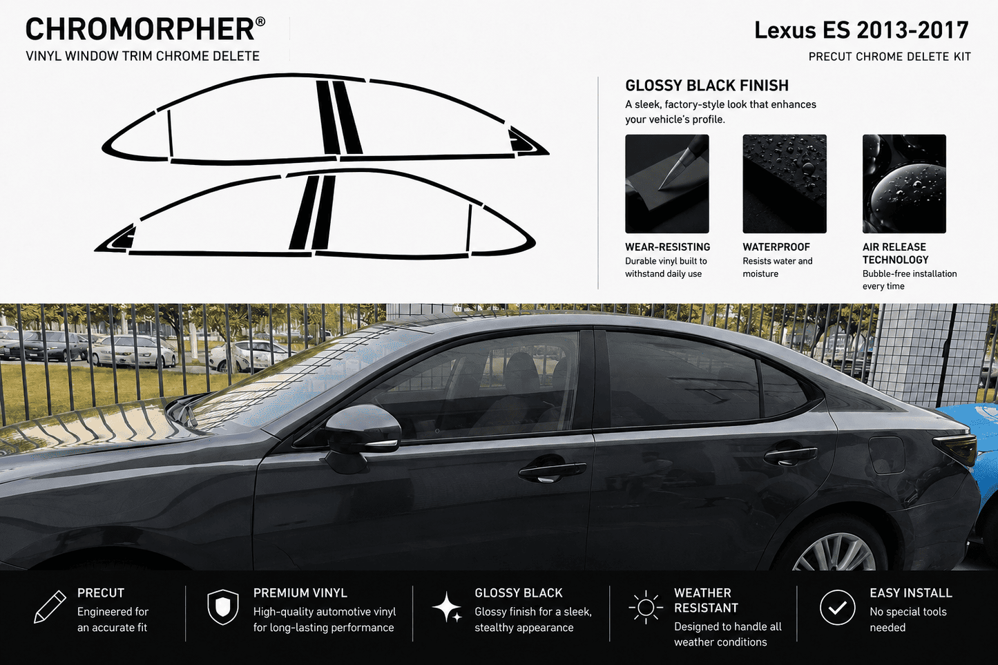 Chromorpher Lexus ES 2013-2017 vinyl window trim chrome delete kit in glossy black finish, shown with front graphics of the trim pieces and a black sedan on a street background.