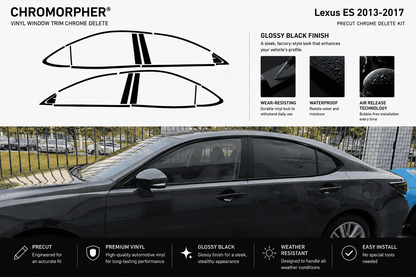 Chromorpher Lexus ES 2013-2017 vinyl window trim chrome delete kit in glossy black finish, shown with front graphics of the trim pieces and a black sedan on a street background.