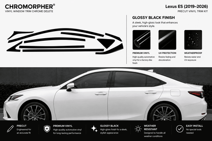 Promotional graphic for a Lexus ES (2019-2026) Chromorpher vinyl window trim chrome delete kit. The top half features the Chromorpher brand name, a black outline illustration of a car silhouette, feature callouts for a glossy black finish, and a small preview of the installed product on a white car.