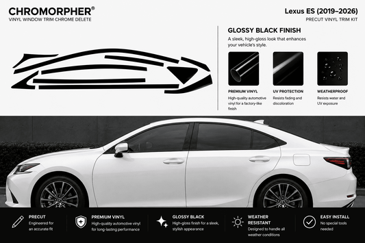 Promotional graphic for a Lexus ES (2019-2026) Chromorpher vinyl window trim chrome delete kit. The top half features the Chromorpher brand name, a black outline illustration of a car silhouette, feature callouts for a glossy black finish, and a small preview of the installed product on a white car.