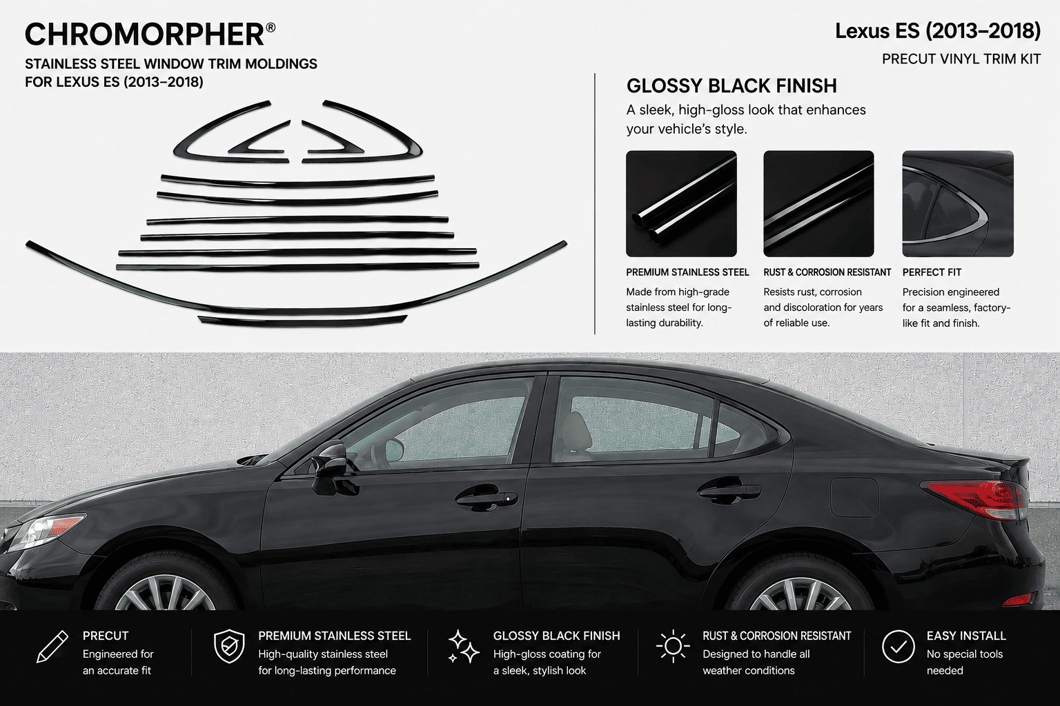 Chromorphor Lexus ES window trim molding kit for Lexus ES 2013-2018, featuring a gloss black precut vinyl trim kit. The image shows the black car body with the trim molding graphic on the left and product features on a light gray background.