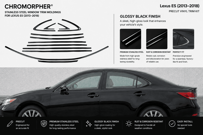 Chromorphor Lexus ES window trim molding kit for Lexus ES 2013-2018, featuring a gloss black precut vinyl trim kit. The image shows the black car body with the trim molding graphic on the left and product features on a light gray background.