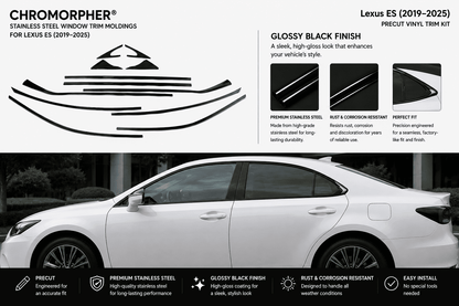 Lexus ES 2019-2025 Chromorpher precut vinyl trim kit for glossy black finish stainless steel window trim. The image features a white Lexus ES sedan with installed black window trim, alongside technical specifications, product diagrams, and feature callouts.