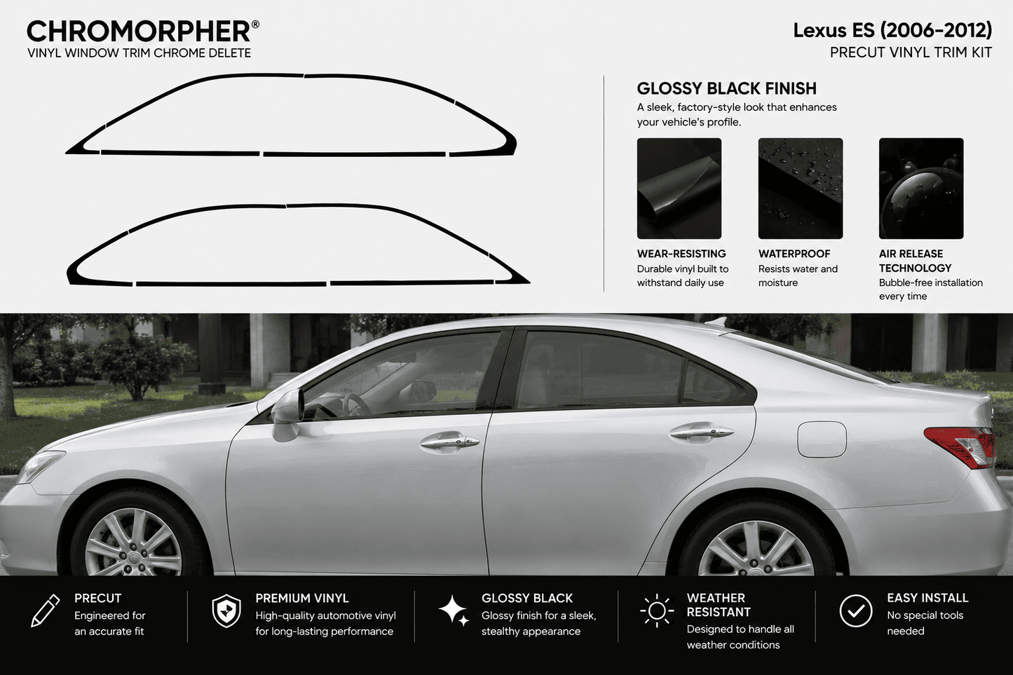 Chromorpher Lexus ES vinyl window trim chrome delete kit shown with black trim outline graphics, feature callouts, and a silver Lexus ES side view on a real outdoor street background.