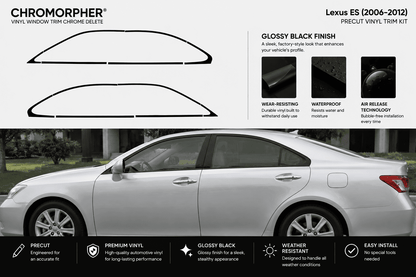 Chromorpher Lexus ES vinyl window trim chrome delete kit shown with black trim outline graphics, feature callouts, and a silver Lexus ES side view on a real outdoor street background.