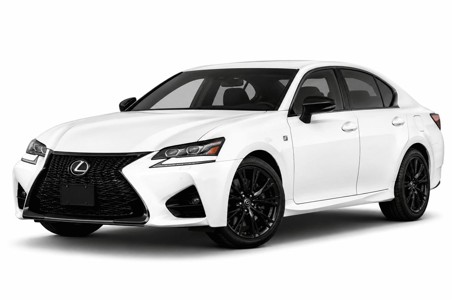 A white Lexus sedan with black wheels and a black front grille, photographed on a clean white studio background.