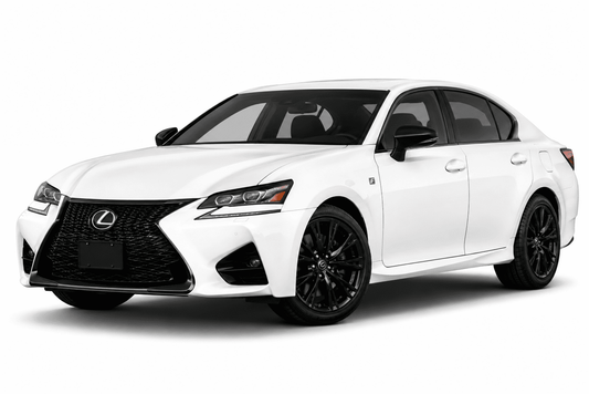 A white Lexus sedan with black wheels and a black front grille, photographed on a clean white studio background.