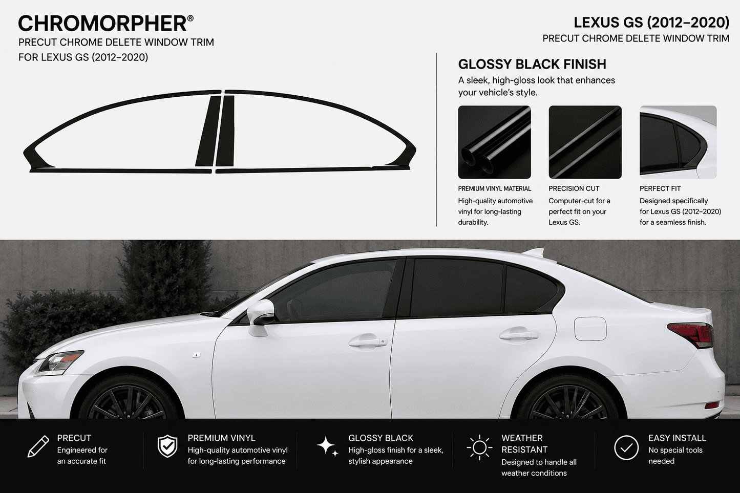 Chromorphor Lexus GS (2012-2020) chrome delete window trim kit shown with a white sedan and black window trim pieces, featuring product diagrams, finish options, and feature callouts.