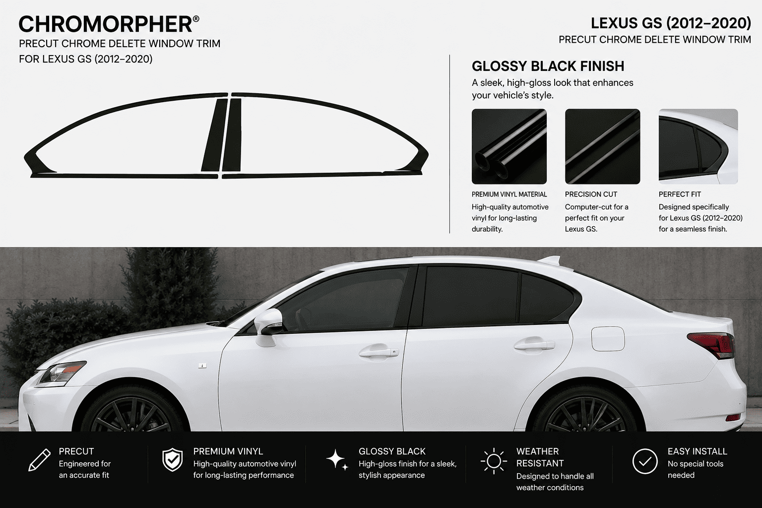 Chromorphor Lexus GS (2012-2020) chrome delete window trim kit shown with a white sedan and black window trim pieces, featuring product diagrams, finish options, and feature callouts.