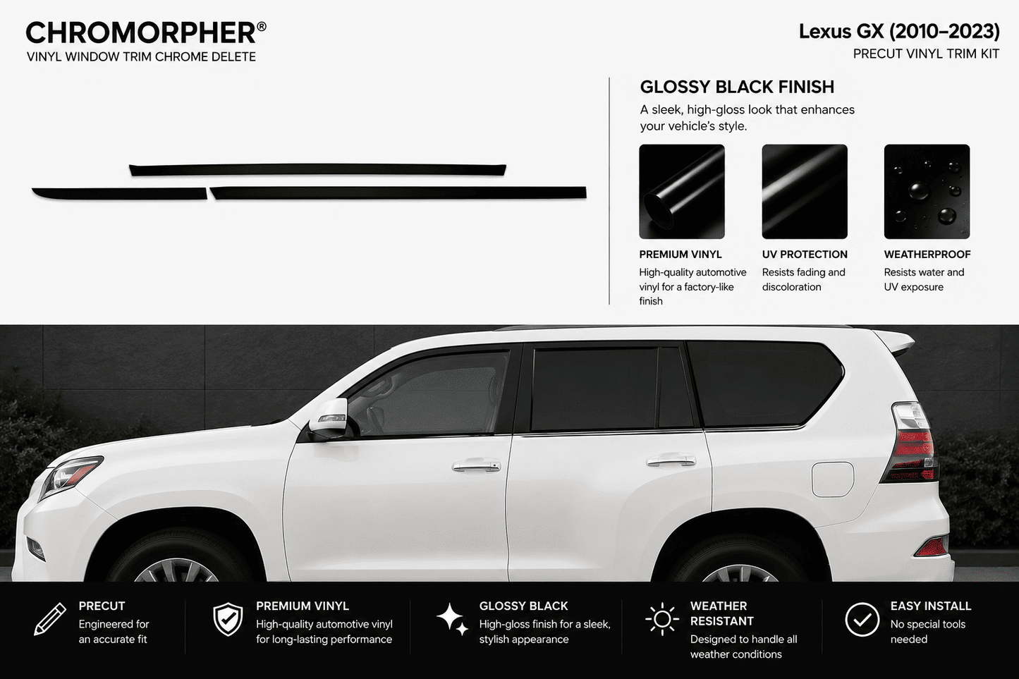Chromorphor Lexus GX vinyl window trim chrome delete kit shown with two black trim pieces on a white background, plus feature callouts and a side view of a white Lexus GX vehicle demonstrating the installed look.