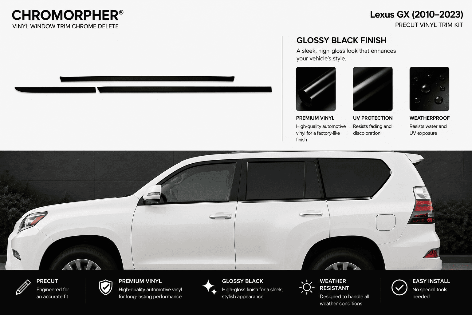 Chromorphor Lexus GX vinyl window trim chrome delete kit shown with two black trim pieces on a white background, plus feature callouts and a side view of a white Lexus GX vehicle demonstrating the installed look.