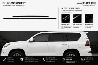 Chromorphor Lexus GX vinyl window trim chrome delete kit shown with two black trim pieces on a white background, plus feature callouts and a side view of a white Lexus GX vehicle demonstrating the installed look.