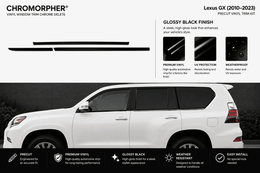 Chromorphor Lexus GX vinyl window trim chrome delete kit shown with two black trim pieces on a white background, plus feature callouts and a side view of a white Lexus GX vehicle demonstrating the installed look.