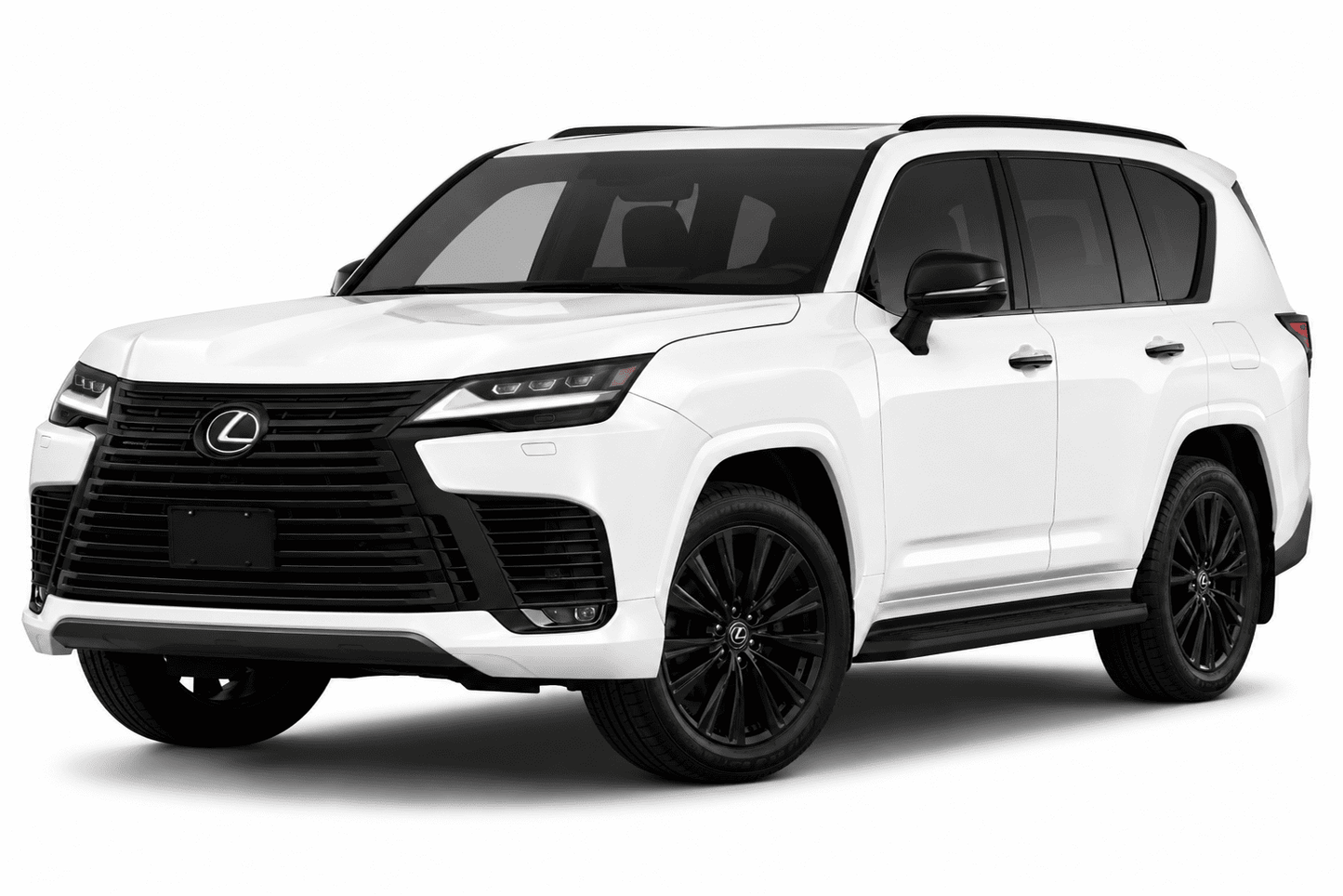 A white Lexus SUV with black wheels and a black front grille, photographed from a three-quarter angle on a clean white background.