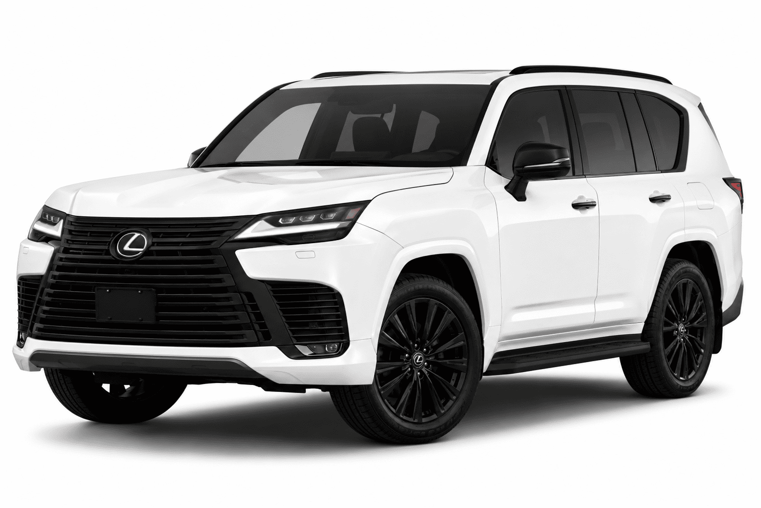 A white Lexus SUV with black wheels and a black front grille, photographed from a three-quarter angle on a clean white background.