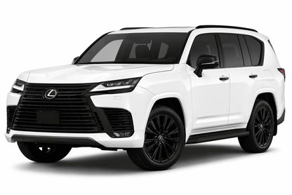A white Lexus SUV with black wheels and a black front grille, photographed from a three-quarter angle on a clean white background.