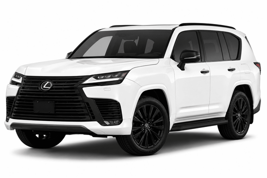 A white Lexus SUV with black wheels and a black front grille, photographed from a three-quarter angle on a clean white background.