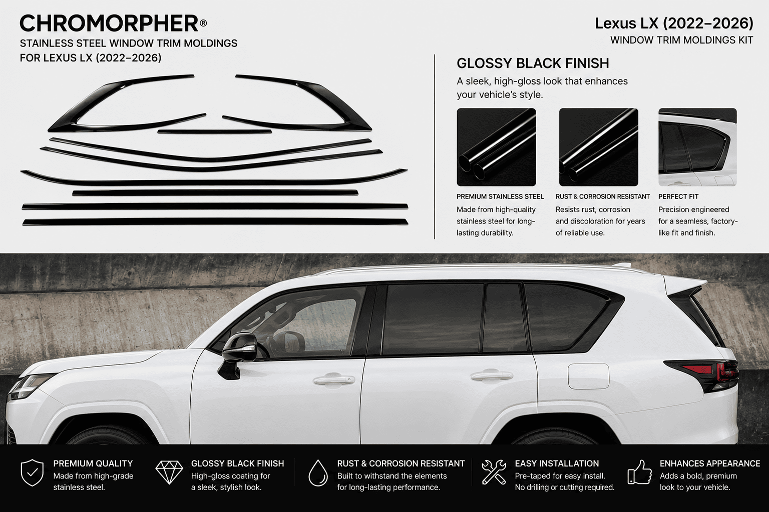 Chromorpher Lexus LX 2022-2026 window trim molding kit graphic showing black vinyl decal pieces above a white SUV side profile, with text describing glossy black finish and rust-resistant stainless steel trim.