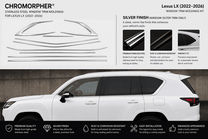 Chromorphor stainless steel window trim molding kit for Lexus LX (2022-2026), featuring a white SUV with blacked-out side and window trim sections to demonstrate the silver chrome pieces, plus line drawings and feature callouts on a light gray background.