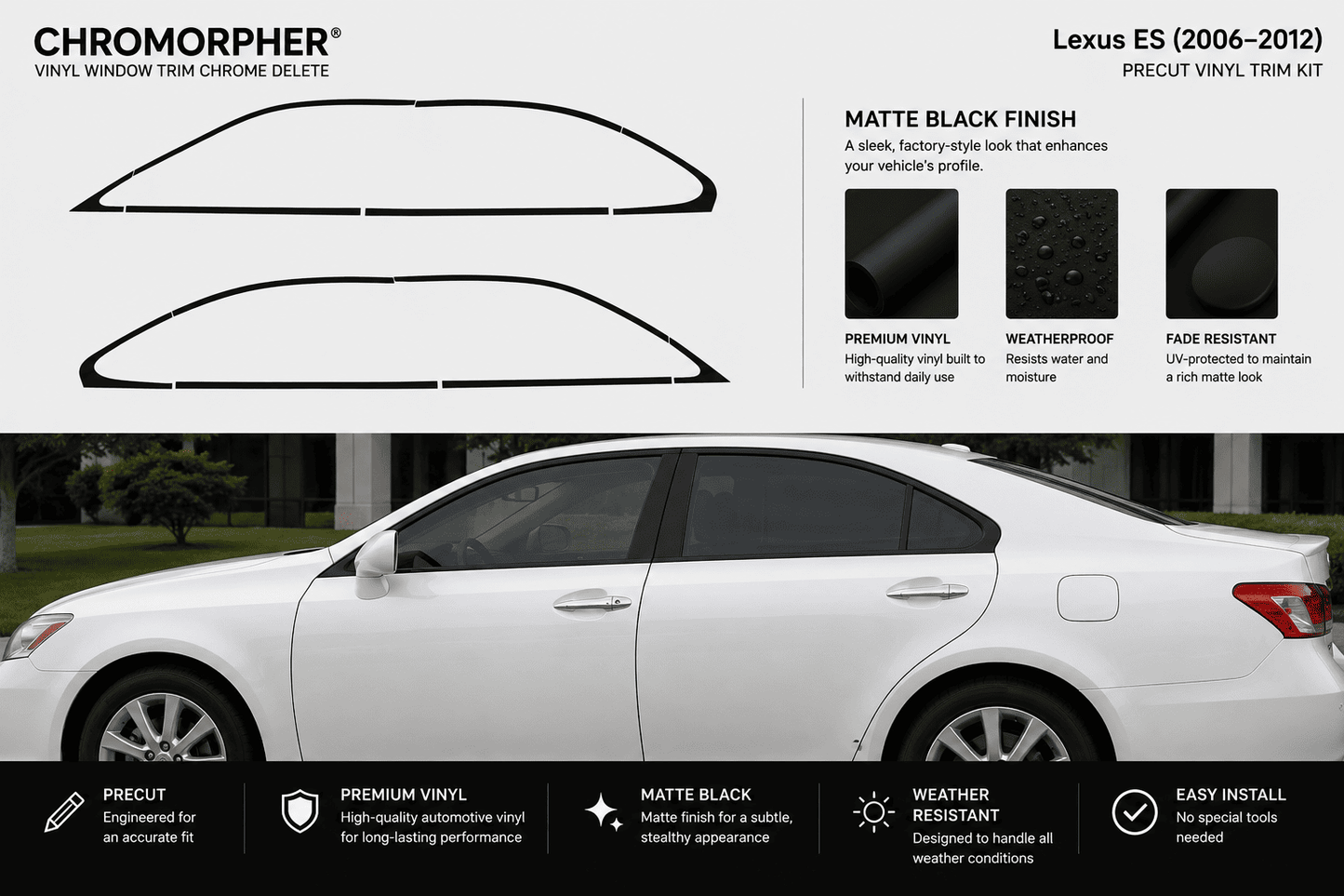 Chromorphor Lexus ES (2006-2012) vinyl window trim kit in matte black finish, shown with front and rear window outline diagrams, feature icons, and a white sedan demonstrating the installed product.