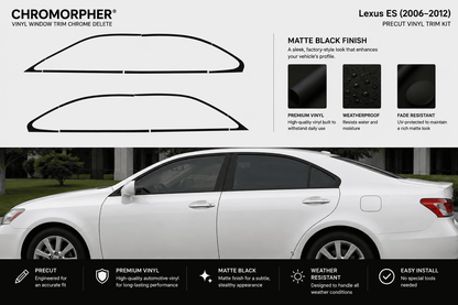 Chromorphor Lexus ES (2006-2012) vinyl window trim kit in matte black finish, shown with front and rear window outline diagrams, feature icons, and a white sedan demonstrating the installed product.