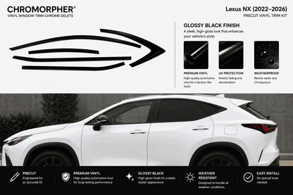 Chromorpher Lexus NX (2022-2026) Precut Vinyl Trim Kit in glossy black finish. The image features a black decal graphic at the top, product features on a white background, and a white Lexus NX SUV showing the installed product on the side windows.