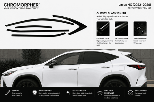 Chromorpher Lexus NX (2022-2026) Precut Vinyl Trim Kit in glossy black finish. The image features a black decal graphic at the top, product features on a white background, and a white Lexus NX SUV showing the installed product on the side windows.