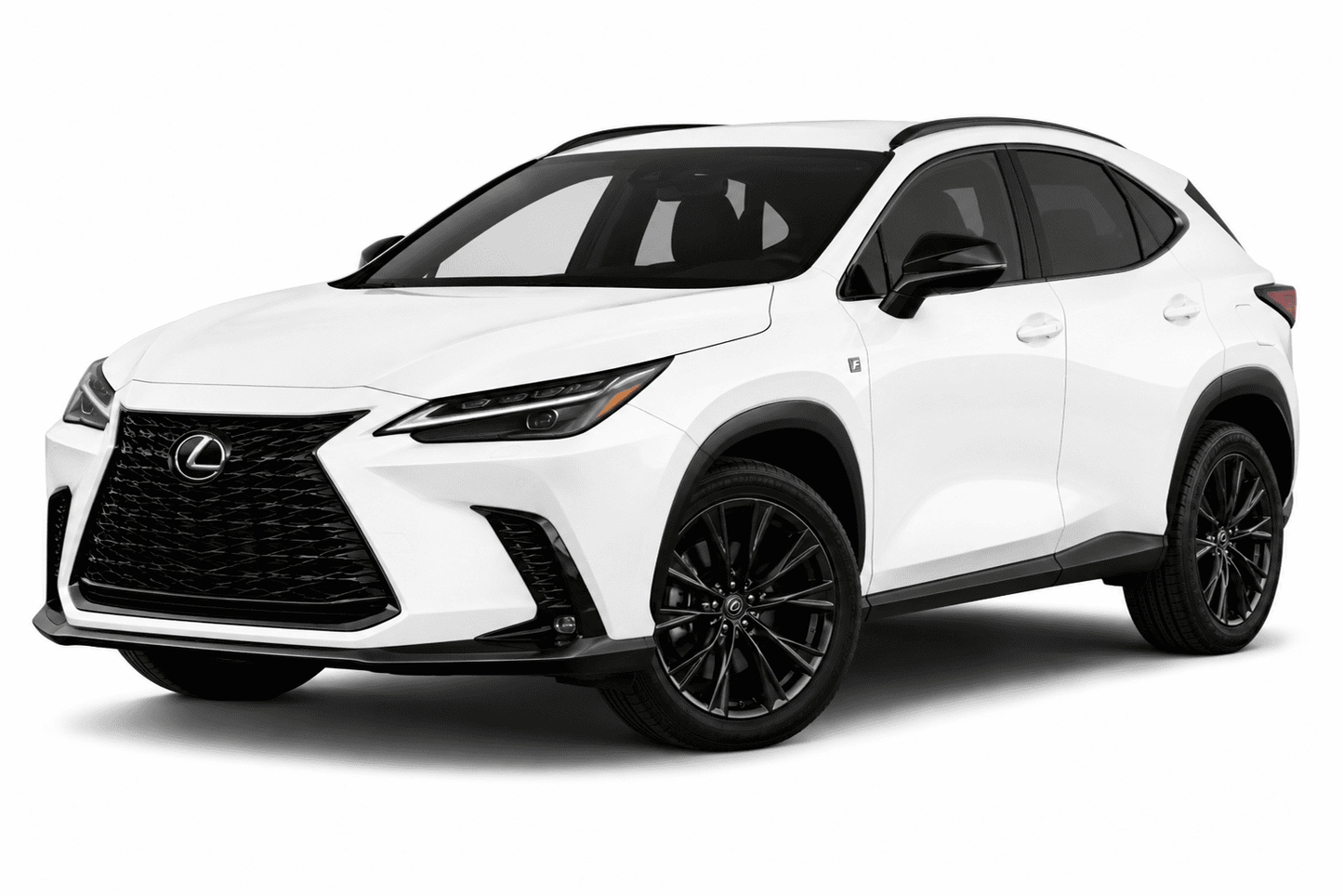 A white Lexus RX crossover SUV with black accents, including the grille, wheels, and window trim, photographed on a clean white background.